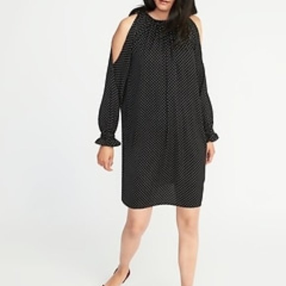 NEW!  Old Navy Black W/White Polka Dots Cold Shoulder Swing Dress - M - Picture 1 of 7